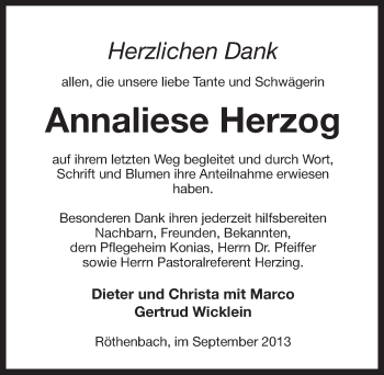 Traueranzeige von Annaliese Herzog von Pegnitz-Zeitung